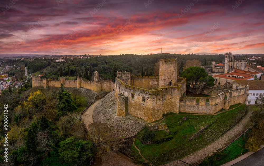 Tomar (Thomar) castle of the Templar knights and the convent of Christ sunset aerial view