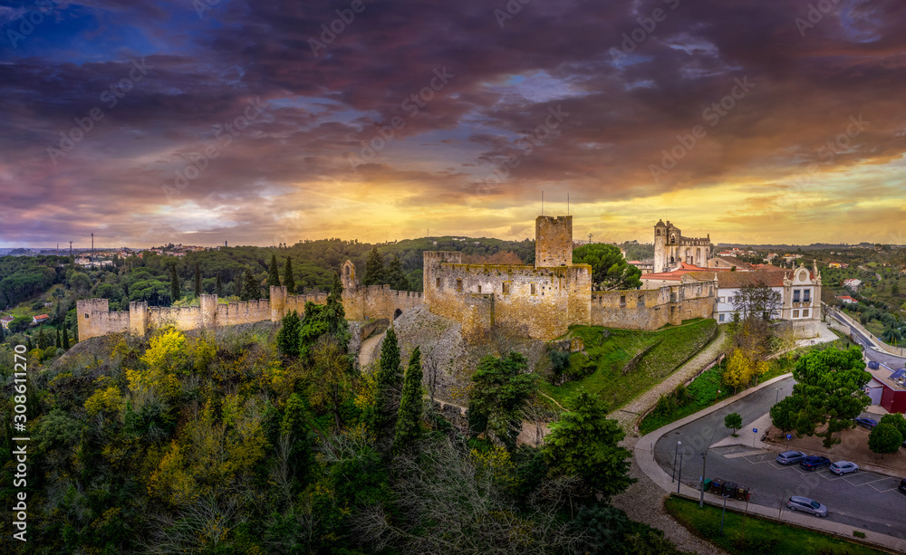 Tomar (Thomar) castle of the Templar knights and the convent of Christ sunset aerial view