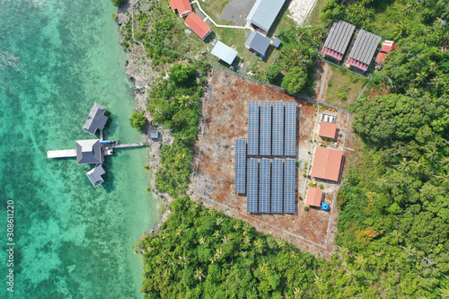 Aerial view of the solar panels for electricity supply at the remote island in Semporna, Sabah, Malaysia.