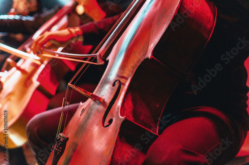 Cello concert with instrument close up. Red vibrant background at rock concert