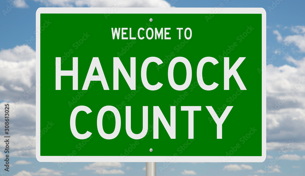 Rendering of a 3d green highway sign for Hancock County - obrazy, fototapety, plakaty 