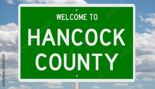 Rendering of a 3d green highway sign for Hancock County