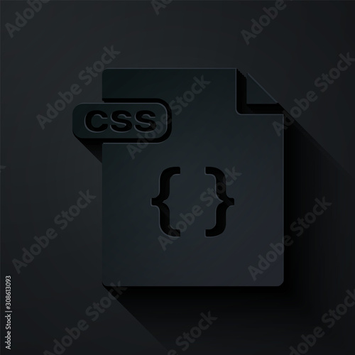 Paper cut CSS file document. Download css button icon isolated on black background. CSS file symbol. Paper art style. Vector Illustration