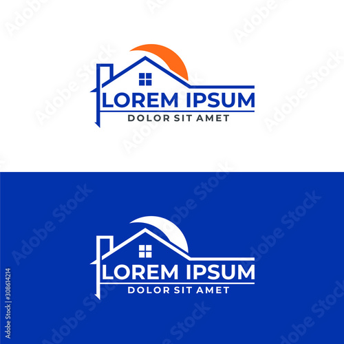 Real estate and mortgage logo template with roof top house and high building illustration in flat design monogram symbol