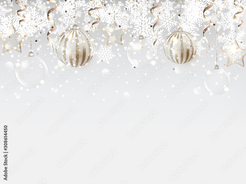 New Year background with gold glitter confetti, glossy and glass christmas balls, snowflakes, snows. New Year background with gold glitter confetti, glossy and glass christmas balls, snowflakes, snows.