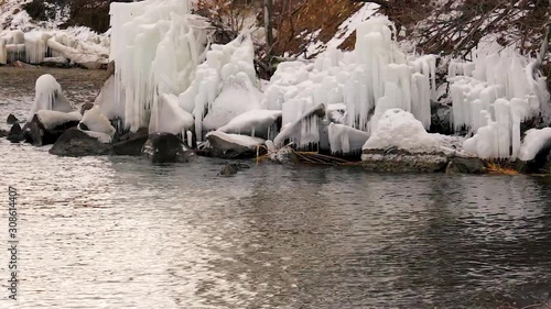 Melting ice on the river in the forest, white snow on the river banks