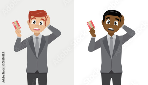 Person holding digital payment card. businessman shocked with hand on head for mistake, bad memory.