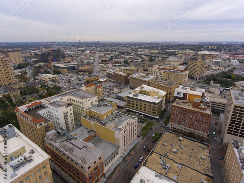 Aerial view downtown buildings in San Antonio, Texas, TX, USA.