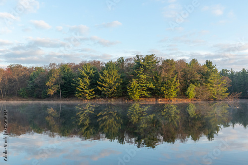An evergreen forest reflected in a lake at dawn