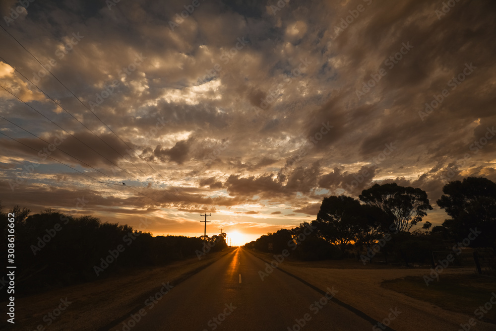 Stunning sunset on a country road in Pyramid Hill, central Victoria Australia