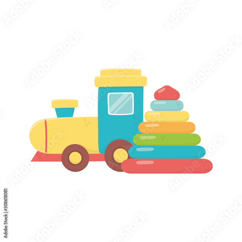 kids toy, rubber pyramid and plastic train toys