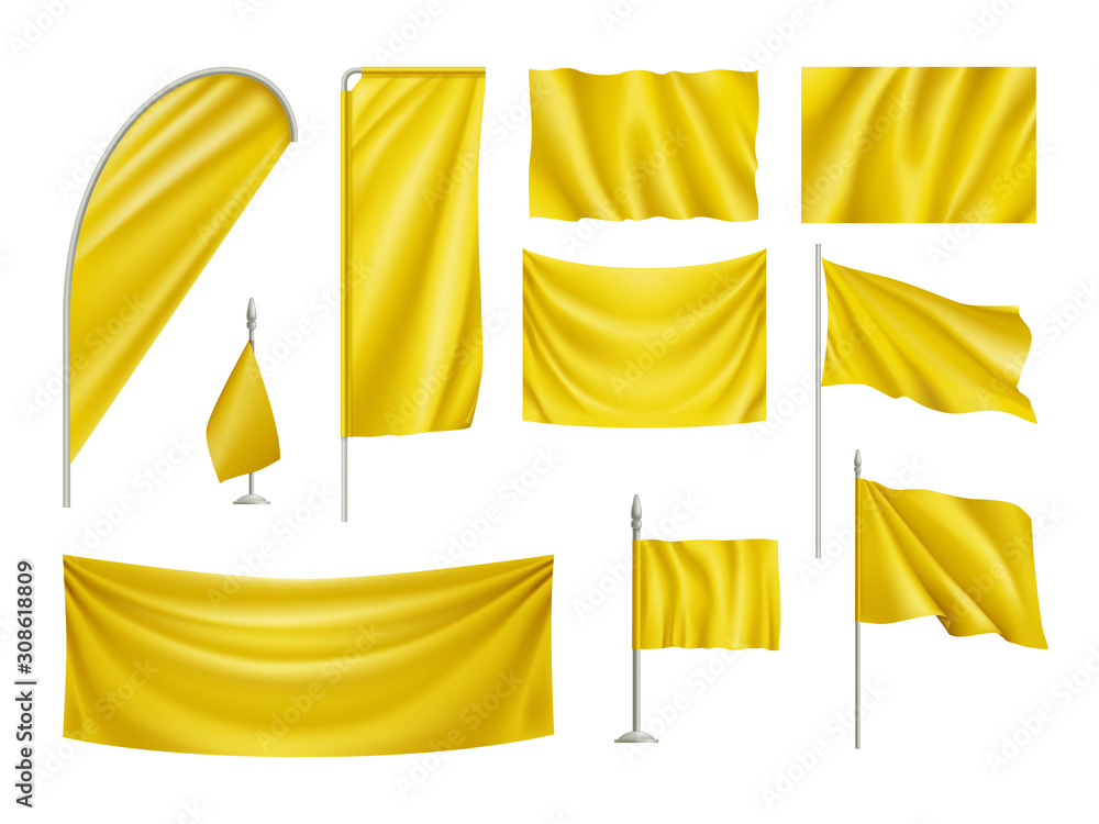 Yellow Rectangular Flags Set Isolated On White Background Realistic