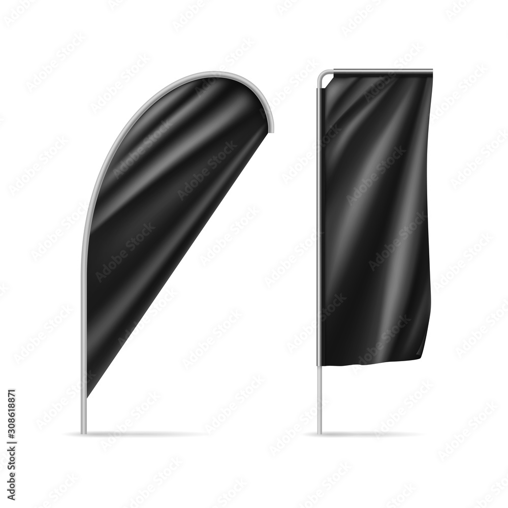 Black drop and rectangular flags isolated on white. Realistic expo banners for outdoor presentation and exhibition. Product advertising and promotion vector illustration. Black friday announcement.