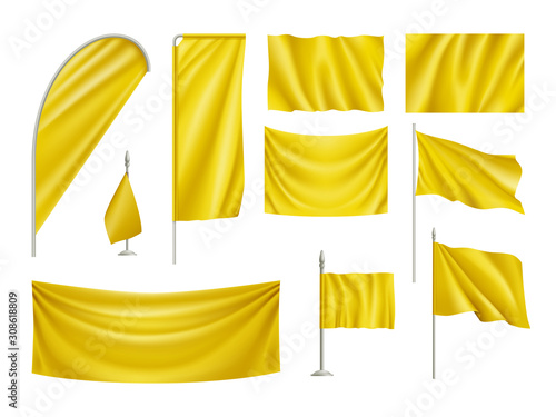 Yellow rectangular flags set isolated on white background. Realistic wavy flag on pole, expo banner, drop and desk flag mockups. Product branding, company corporate identity vector illustration.