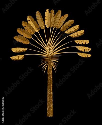 Golden palm tree single. Vector drawing on black background.