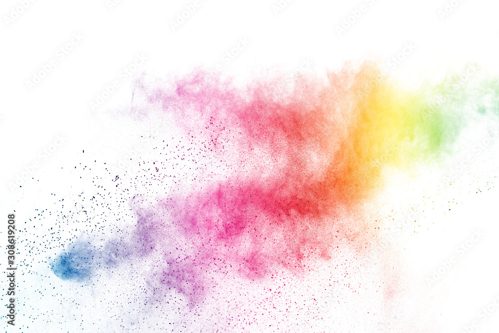Fototapeta premium Freeze motion of colorful color powder exploding on white background. Paint Holi.