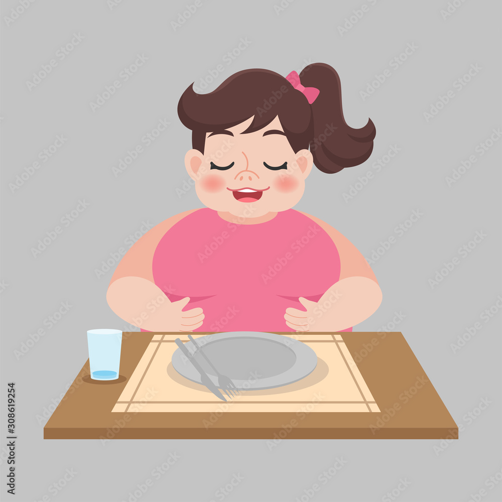 Fat full woman with empty dirty plate after eaten weight loss Healthcare concept cartoon. Fat full woman with empty dirty plate after eaten weight loss Healthcare concept cartoon.