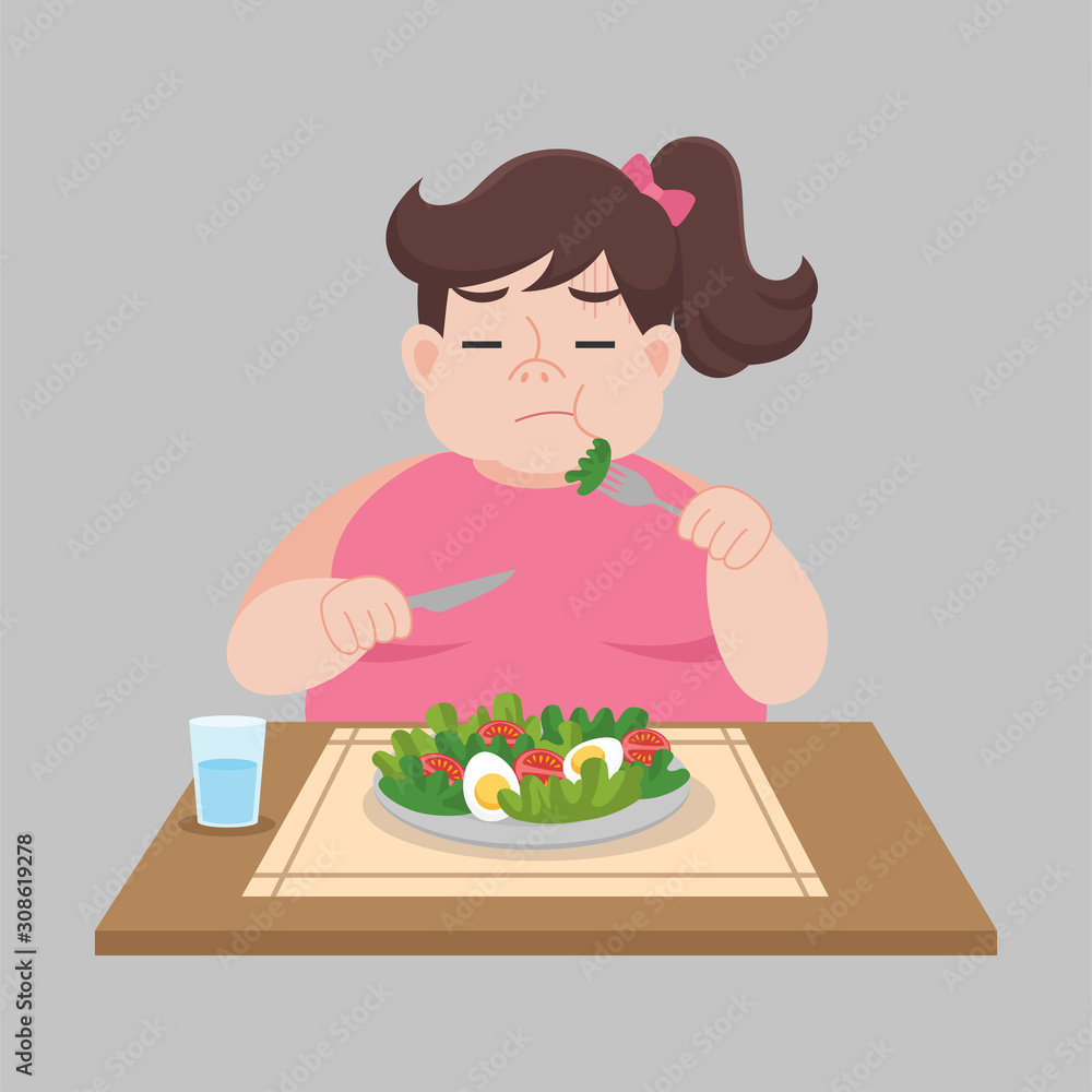 Unhappy Fat woman not want to eat salad, vegetable weight loss Healthcare concept cartoon.