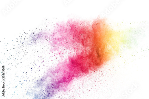 Freeze motion of colorful color powder exploding on white background. Paint Holi. © piyaphong