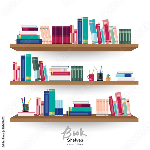 Bookshelves with colorful books and stationery