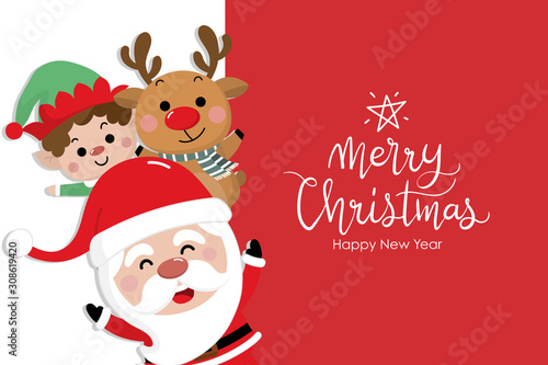 Merry Christmas and happy new year greeting card with Santa Claus, reindeer, and little elf. Cute holiday cartoon character vector.