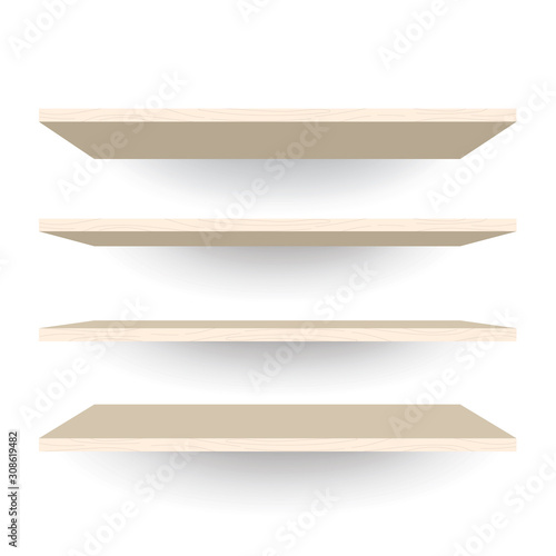 Empty wood shelves on white wall