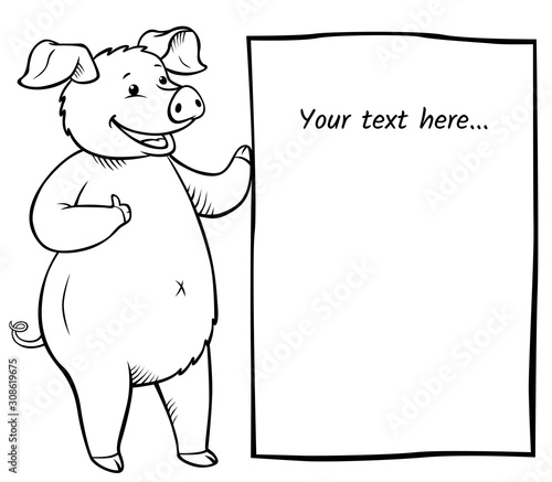 Place your text here. Cute pig with the banner. Coloring page.