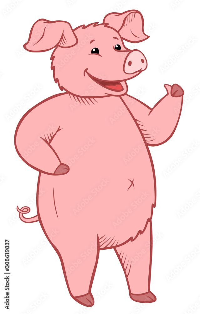 Cute funny pig stands and smiles. Thumb up! Cute funny pig stands and smiles. Thumb up!