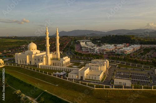 sri sendayan mosque at sendayan negeri sembilan malaysia dramatic blue hour aerial shot