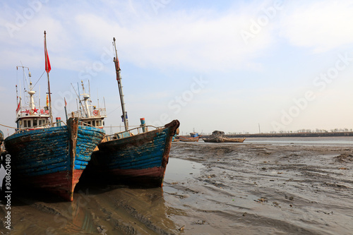 wooden fishing vessel in fishing port wharf  China