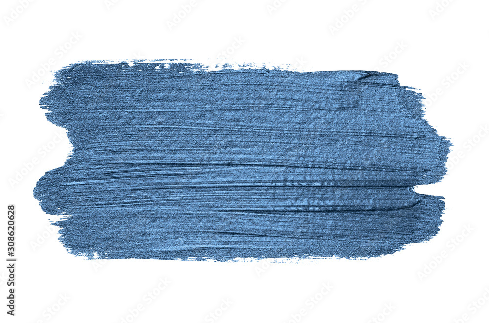 Classic blue 2020 year color metallic paint brush strokes isolated on white background. Shiny makeup swatch - obrazy, fototapety, plakaty 