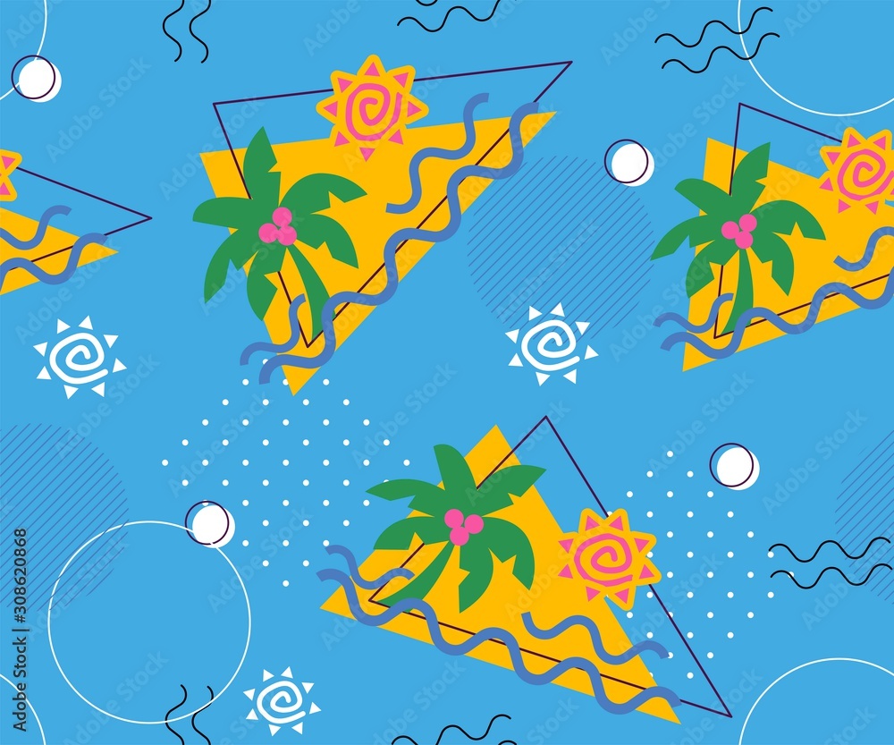 Memphis seamless patterns with geometric, mesh, fashion 80-90s. Hand drawn tropical illustration pattern, triangle with palm tree and stylized sun, striped and other elements for fashion, wallpaper,