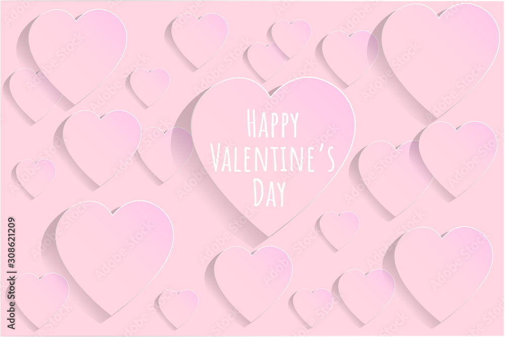 Valentine's day concept background. Vector illustration. Pink paper hearts on pastel pink background. Cute love sale banner or greeting card