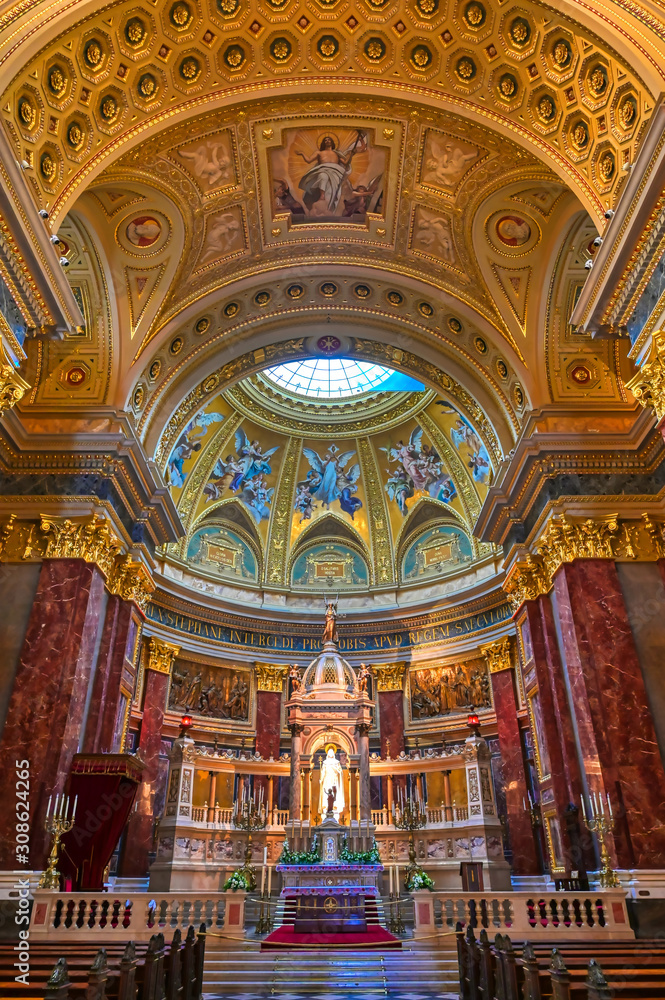 Budapest, Hungary - May 22, 2019 - The interior of St. Stephen's Basilica located on the Pest side of Budapest, Hungary.