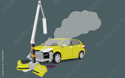 Damage Car crash pole light accident cannot drive. There was steam coming out of the radiator.The front is severely damaged. The equipment is broken.