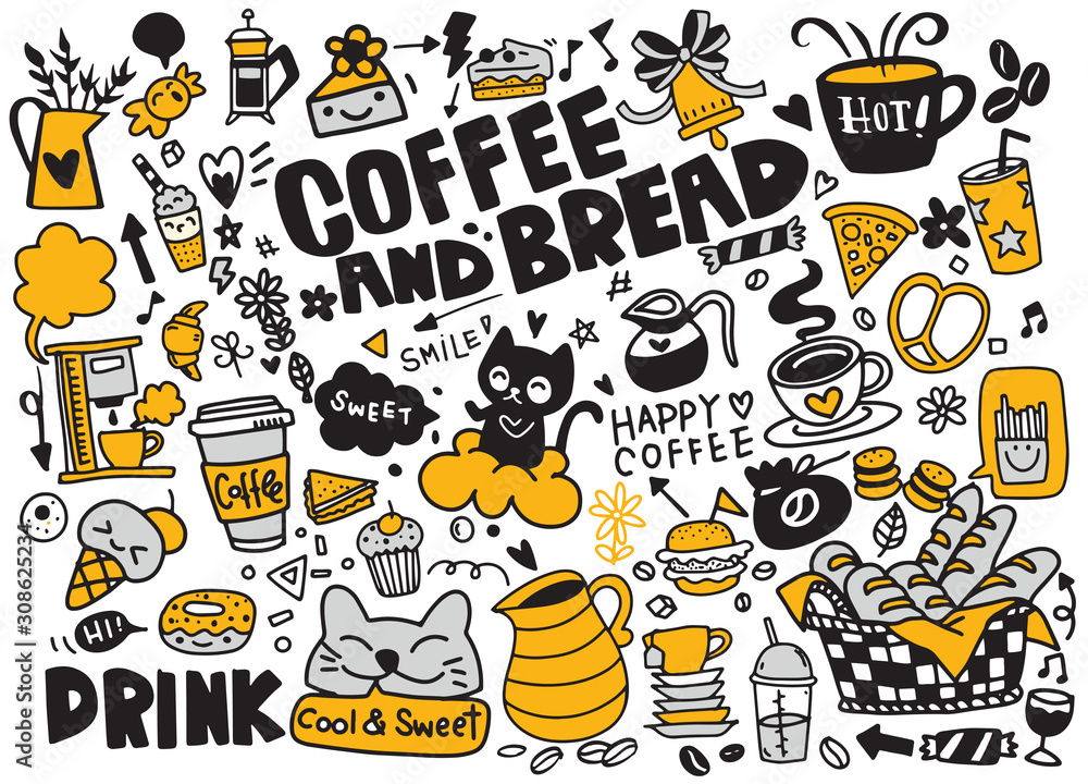 Naklejka Zestaw ręcznie rysowane kawy i pyszne słodycze. Ilustracja wektorowa
