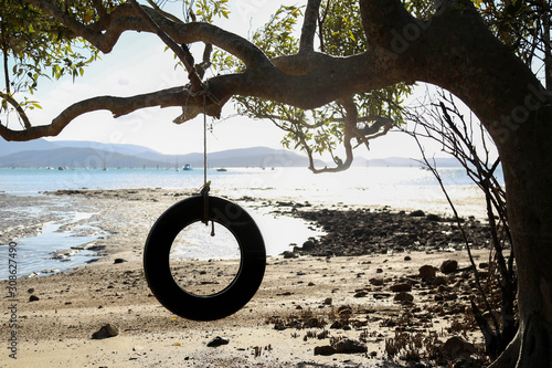Tyre swing hanging from branch of a tree on the beach while the tide is out