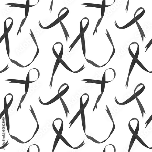 Watercolor seamless pattern with black awareness ribbons. Melanoma cancer ribbon, on white background. 