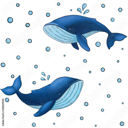 Vector seamless pattern with cute cartoon blue whale on white background with water drops