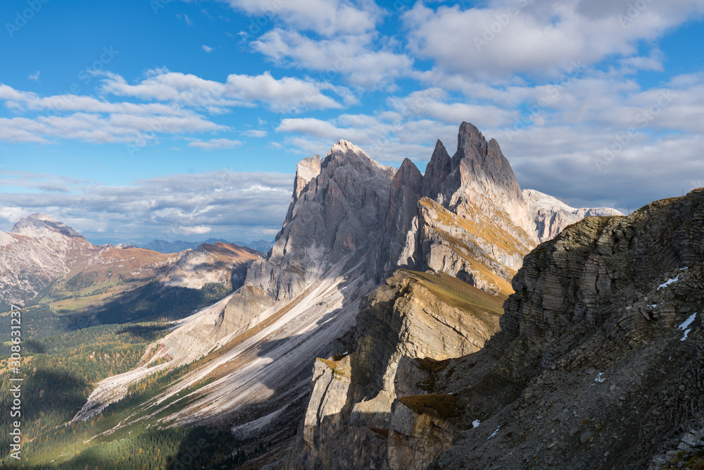 Sunset landscapes in Seceda with clouds and blue sky in Dolomites, South Tyrol, Italy Sunset landscapes in Seceda with clouds and blue sky in Dolomites, South Tyrol, Italy