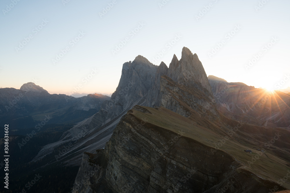 Sunrise landscapes in Seceda with clear blue sky in Dolomites, South Tyrol, Italy