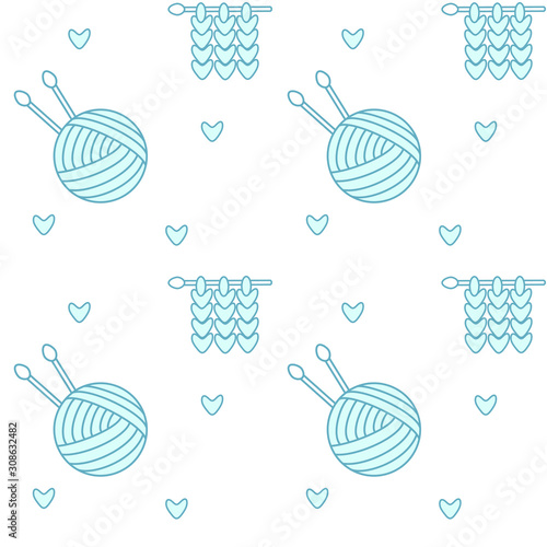 Seamless pattern with yarn ball and wool, needles, heart. Vector version 