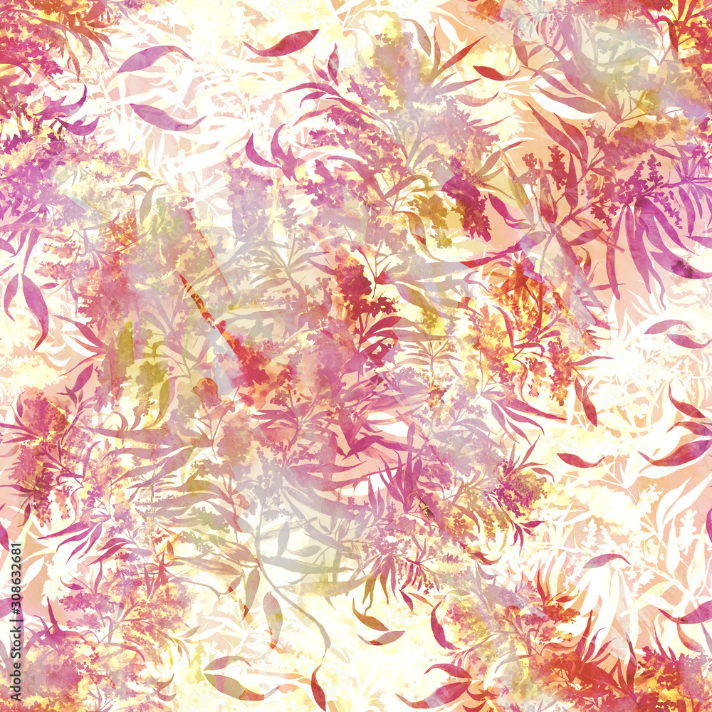 Seamless vintage pattern, flowers, brown, orange, beige Plant in watercolor. Branch of lilac, sakura, apple tree. Fashionable background. Abstract splash of paint. Beautiful  flowers on a branch