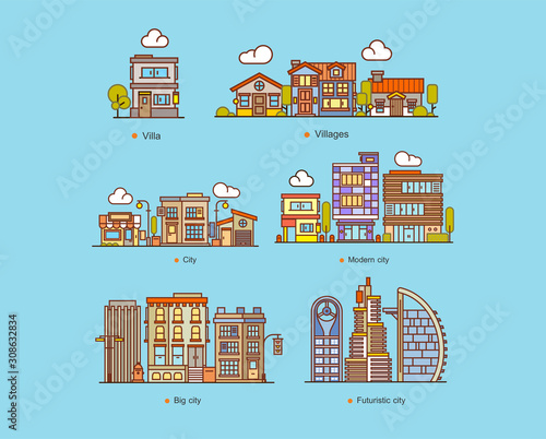 set houses and building cityscape flat style vector illustration