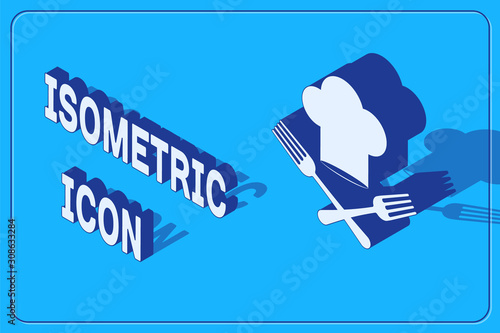 Isometric Chef hat and crossed fork icon isolated on blue background. Cooking symbol. Restaurant menu. Cooks hat. Vector Illustration