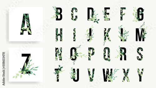 Green Floral alphabets collection. A set of beautiful flowers and alphabets for wedding, invitations and  wedding and logo design template.