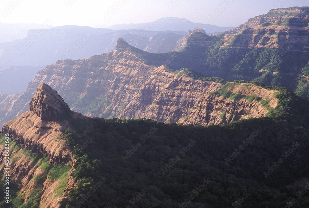 Crestline of the Western Ghats. The crest-line of the Western Ghats in Maharashtra. The distinct horizontal layers of basalt are clearly visible.
