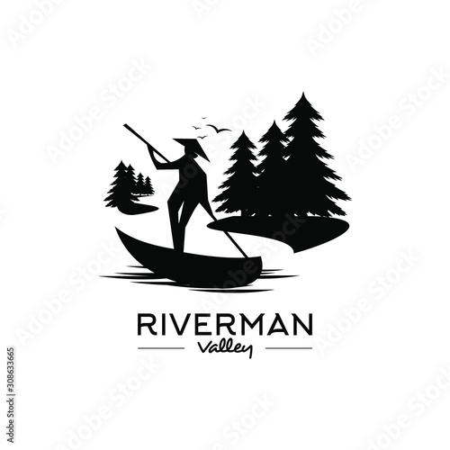tourism logo standing man with straw hat on canoe in the river valley vector. nature life illustration design template or print art idea