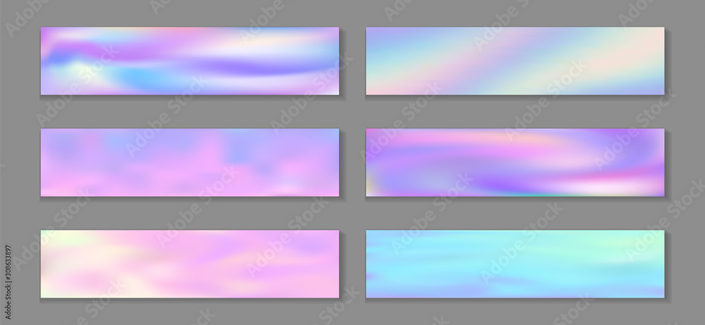 Fototapeta premium Holography blurred flyer horizontal fluid gradient mermaid backgrounds vector set. Beautiful