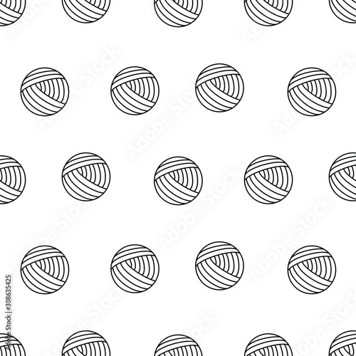 Seamless pattern with yarn ball, wool. Vector version. Black line on white background 